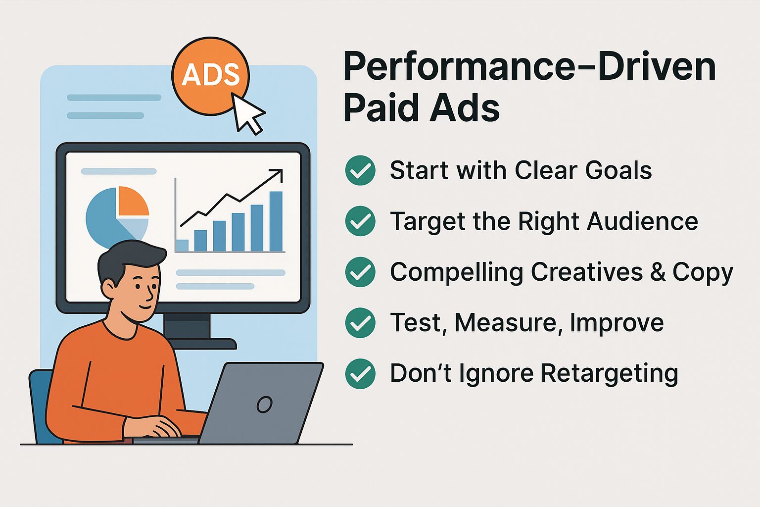 Performance-driven paid advertising strategy showing a checklist and charts on a monitor with a man analyzing digital ad performance.