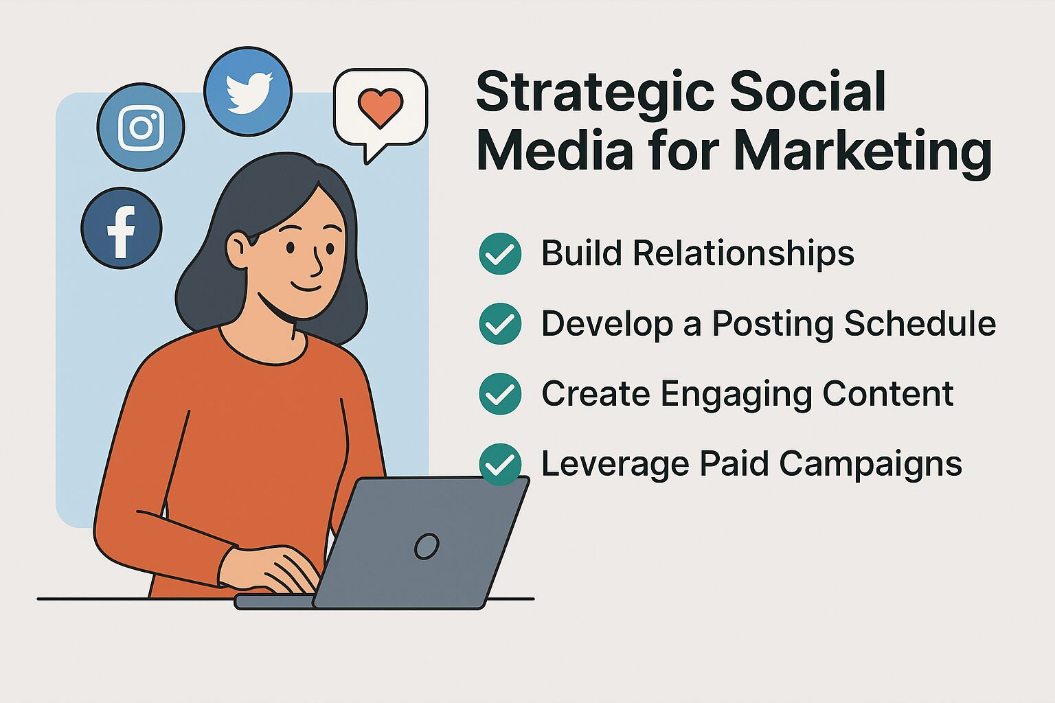 Woman working on laptop surrounded by social media icons like Facebook, Instagram, and Twitter, with a checklist for strategic social media marketing.