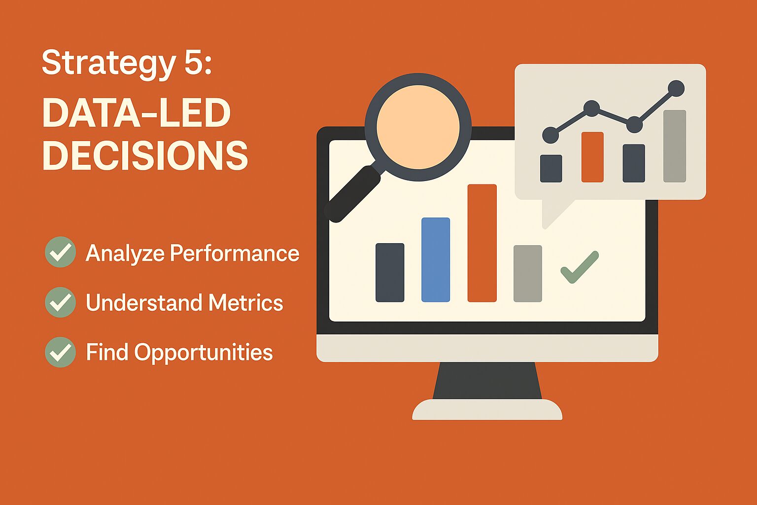 Data-led marketing decision graphic showing a computer with performance graphs, magnifying glass, and metrics analysis icons.