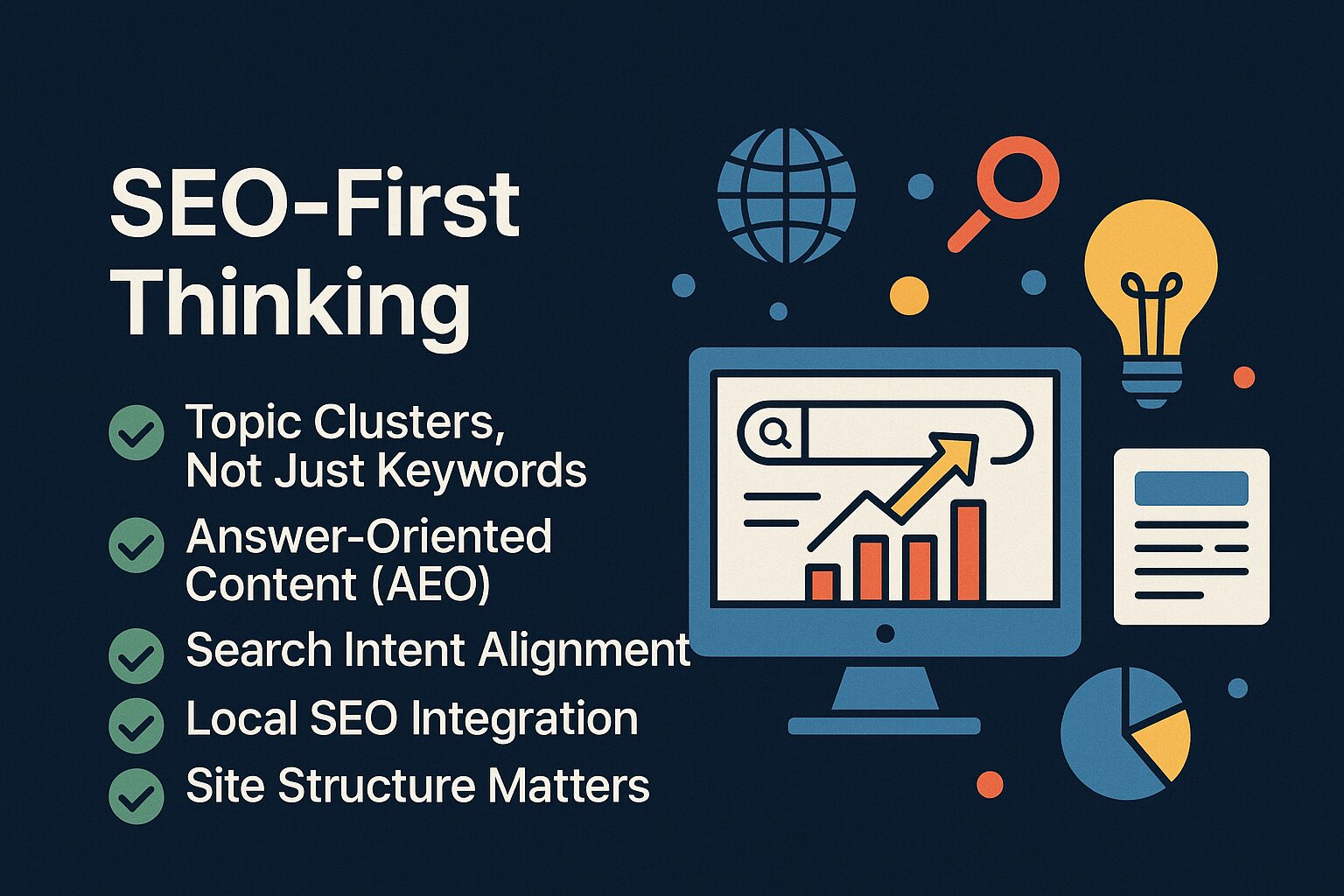 SEO-first strategy visual with checklist points like topic clusters and user intent alongside a search bar and upward graph on a computer screen.