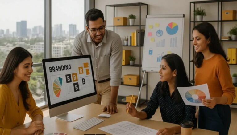 White Sand creative agency team working on branding visuals in Ahmedabad with modern workspace and skyline view