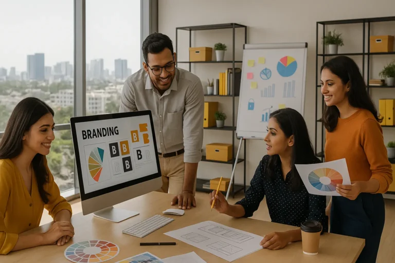 White Sand creative agency team working on branding visuals in Ahmedabad with modern workspace and skyline view