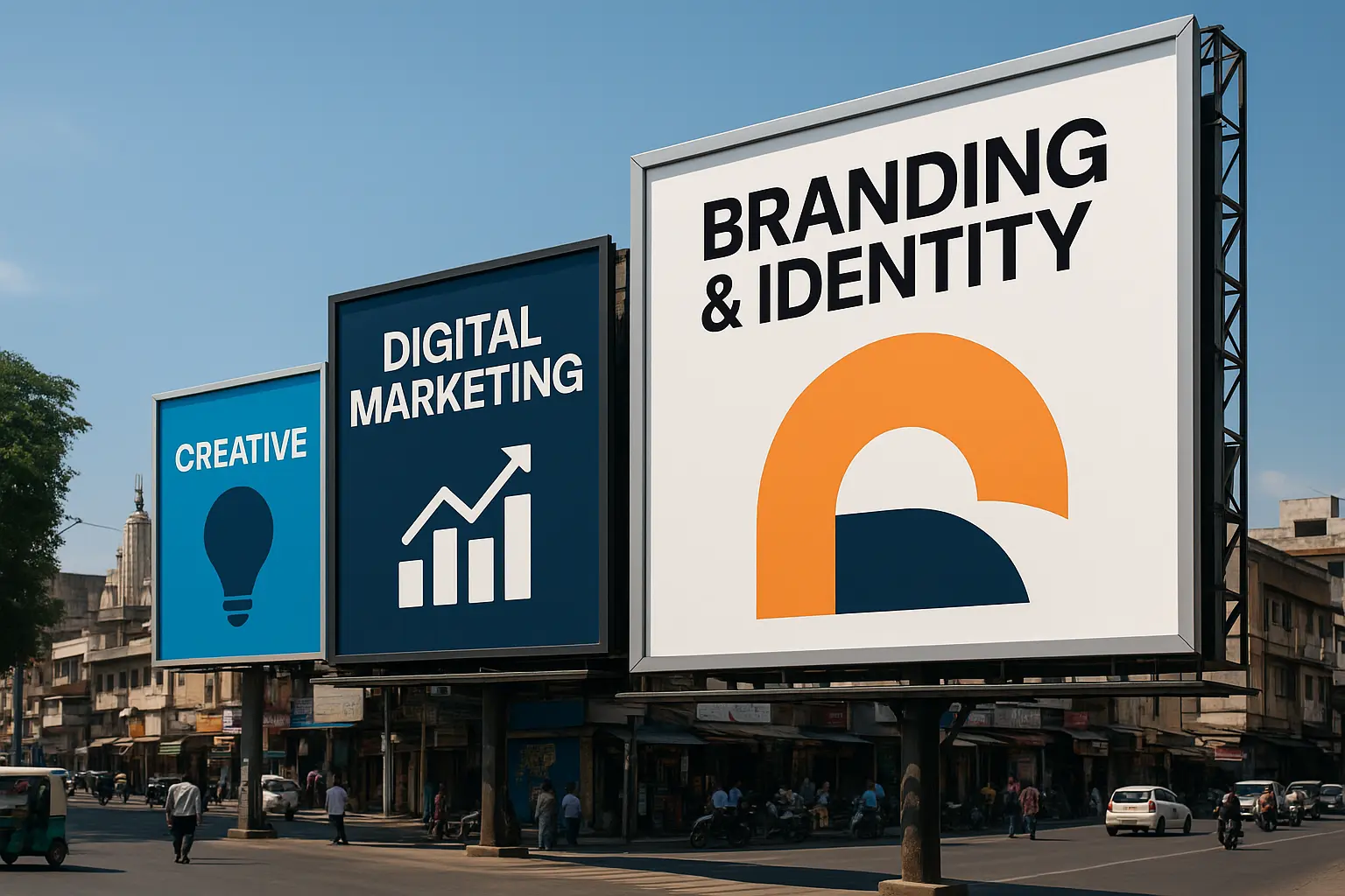 Ahmedabad street view with regional billboards and outdoor brand displays