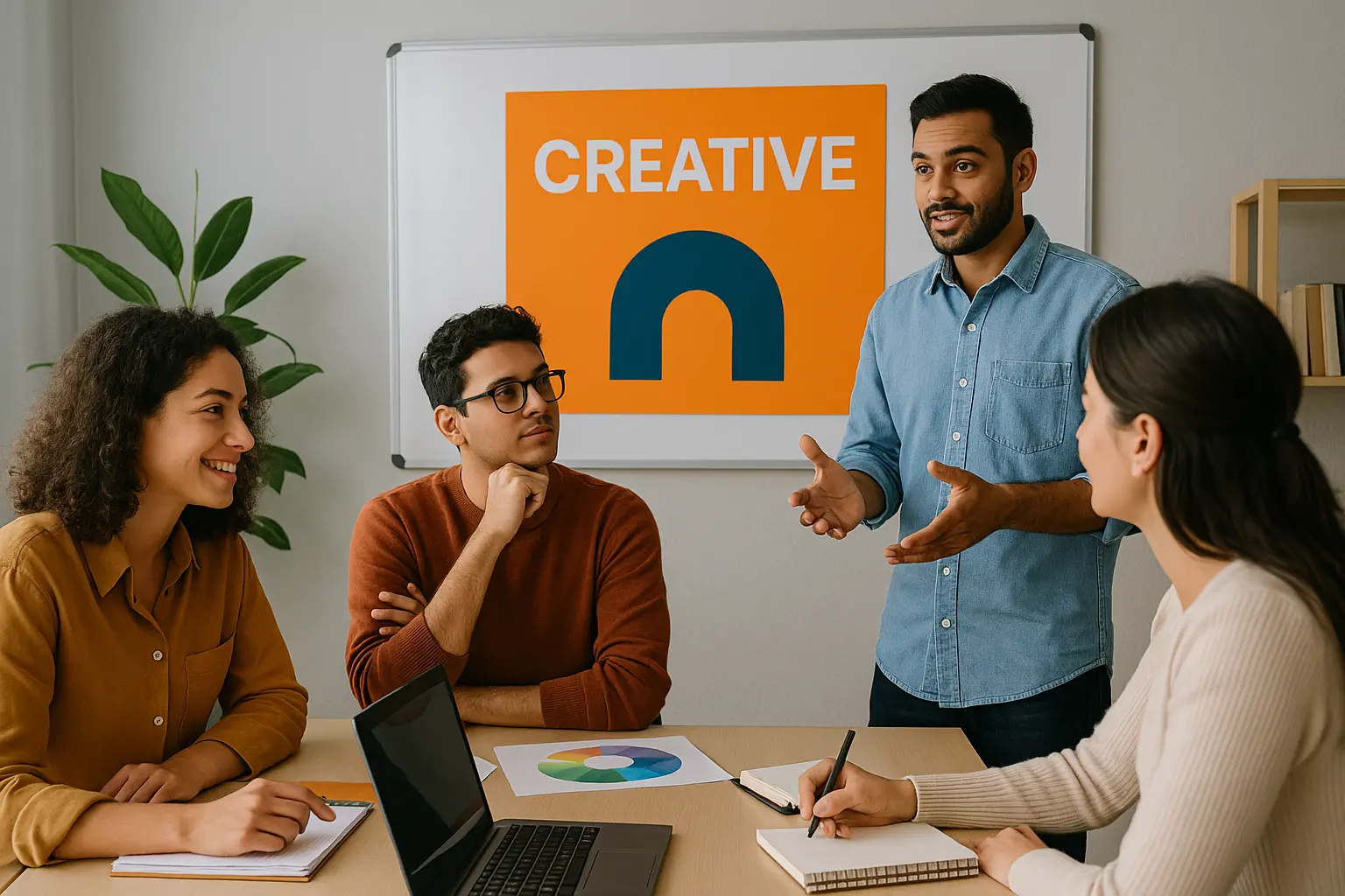 Designers reviewing mood boards and sketches for branding in a studio