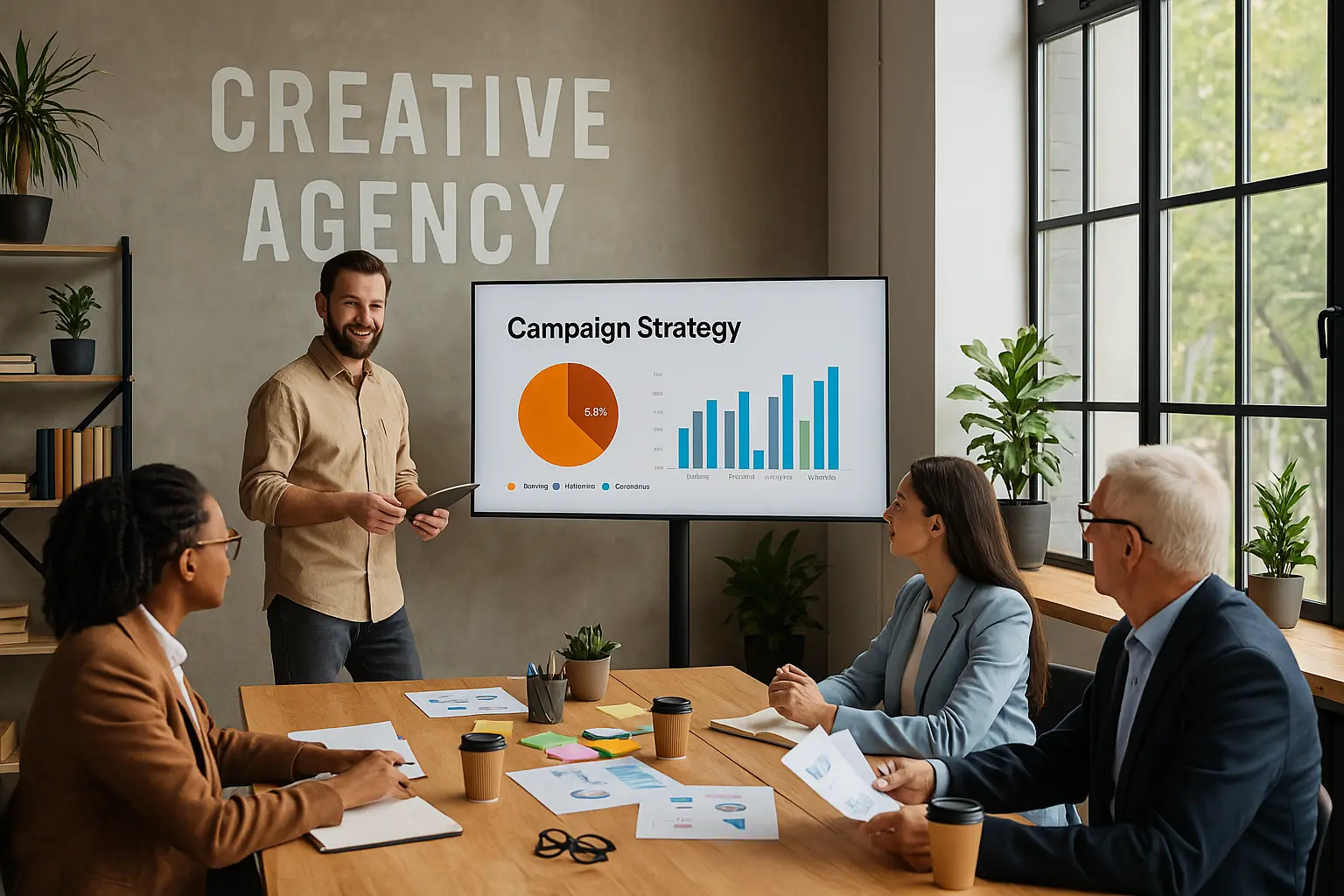 Creative agency presenting campaign strategy to business clients in a meeting