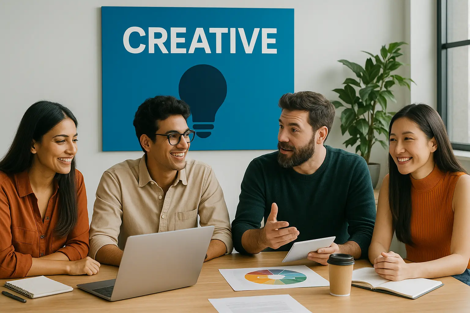 Creative professionals collaborating in a modern branding agency office