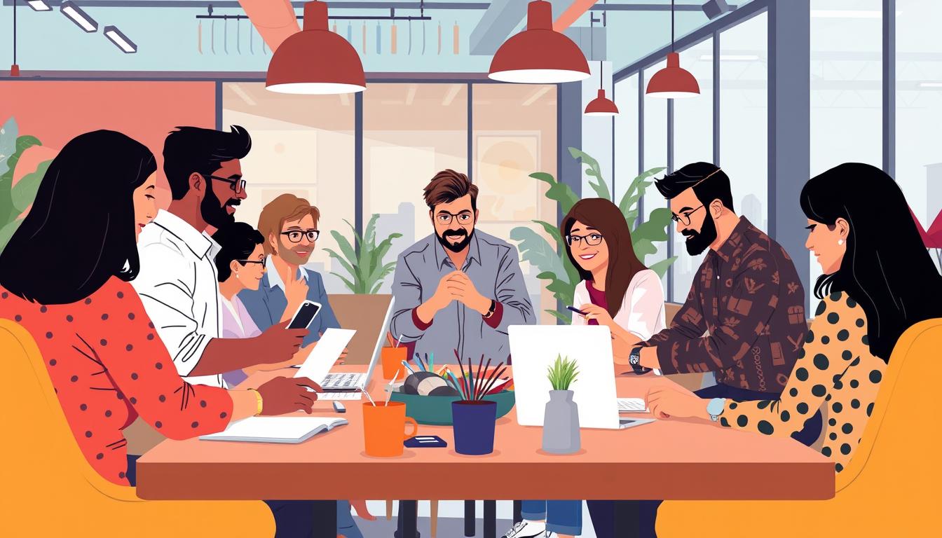 Image of a creative team brainstorming in a modern Ahmedabad office
