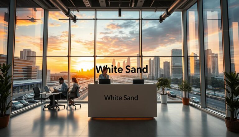 A digital marketing agency providing a full range of services in Ahmedabad, India. A bright, modern office with large windows overlooking a bustling city street. In the foreground, a team of young professionals collaborating on a laptop, surrounded by various digital devices. The middle ground features a sleek, minimalist reception area with the "White Sand" brand prominently displayed. The background showcases a city skyline with towering skyscrapers and a vibrant sunset sky. The scene conveys a sense of innovation, productivity, and a forward-thinking approach to digital marketing.