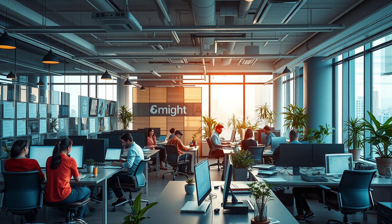 Generate an image of Ensight Business Solutions' office in Ahmedabad, showcasing a modern workspace with a team of professionals working on digital marketing projects.
