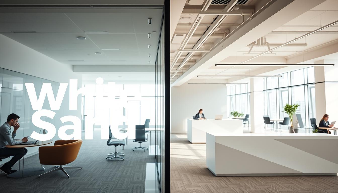A modern, minimalist digital marketing agency office with a sleek, white and sand-colored interior. The foreground features the "White Sand" branding prominently displayed on a large glass window, with a few employees visible through the glass, working on their laptops. The middle ground showcases a minimalist reception area with clean lines and geometric patterns, while the background reveals an open-concept workspace flooded with natural light from floor-to-ceiling windows. The overall atmosphere is one of professionalism, innovation, and a focus on digital solutions.