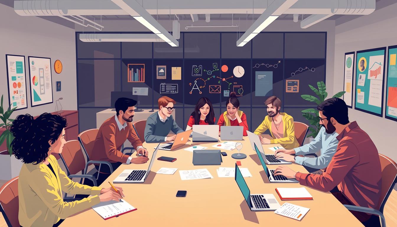 Generate an image of a modern marketing agency office with a team brainstorming around a table.