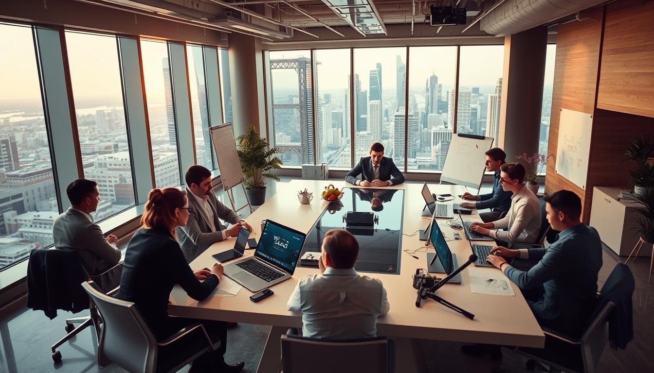 A busy, modern office with a team of creative professionals working on specialized marketing campaigns for the "White Sand" brand. In the foreground, a group of stylishly dressed people collaborating around a large, high-tech conference table, surrounded by sleek, minimalist decor and floor-to-ceiling windows overlooking a vibrant city skyline. The middle ground features state-of-the-art digital equipment, whiteboards, and creative materials, while the background showcases a dynamic, energetic atmosphere with a hint of urban sophistication. The lighting is warm and inviting, creating a productive yet inspiring ambiance that captures the essence of a leading marketing agency delivering specialized services.