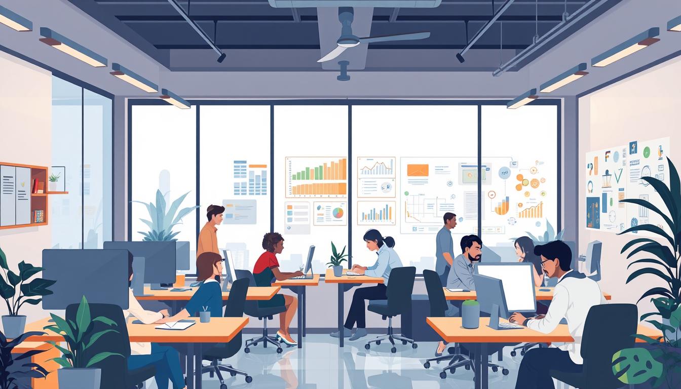 Generate an image of a digital marketing agency's office in Ahmedabad, with a team working on a campaign.