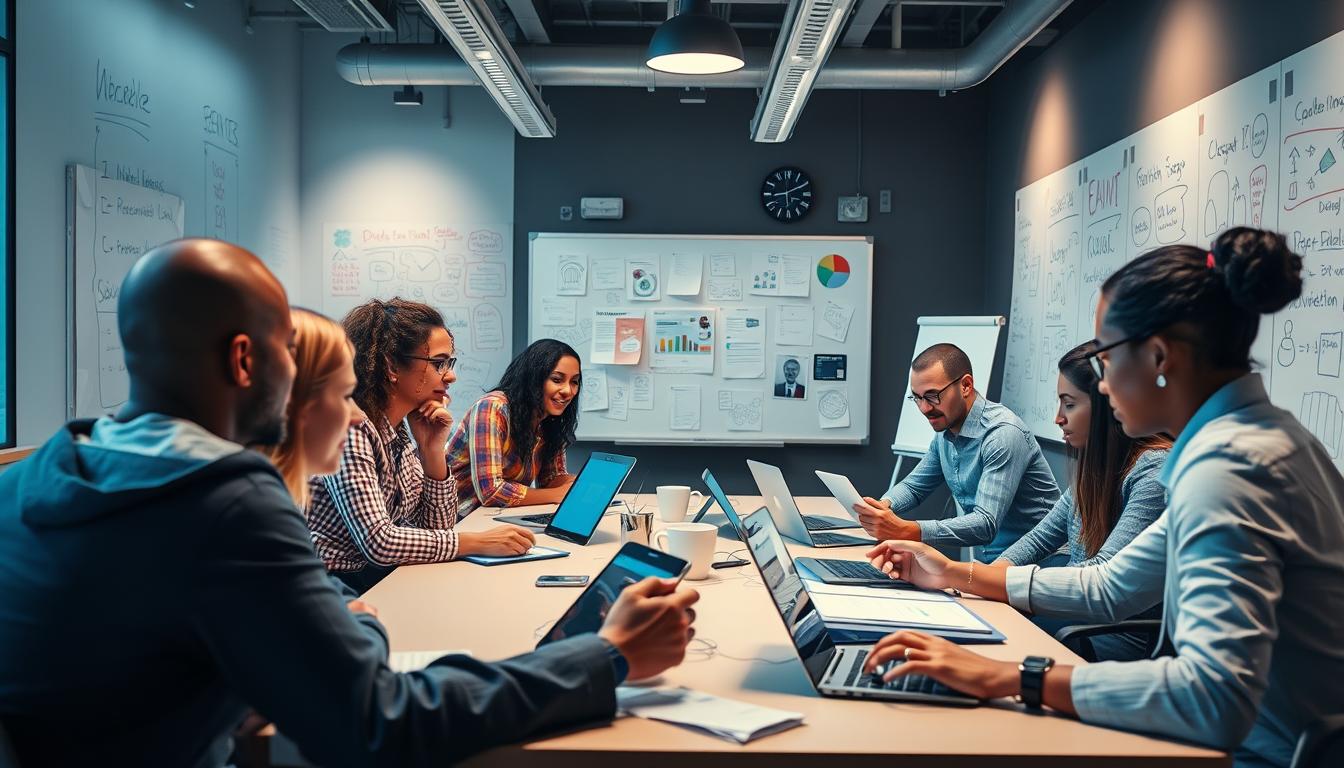 Generate an image of Zero Gravity Communications' team brainstorming innovative digital marketing strategies.