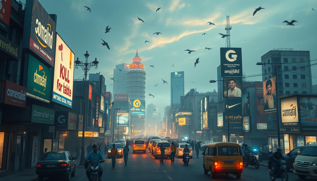 Generate an image representing the evolving marketing landscape in Ahmedabad, incorporating elements of digital marketing, branding, and traditional advertising.