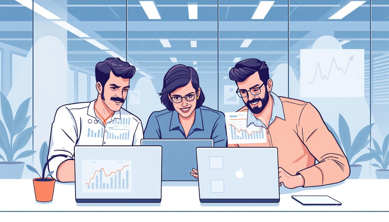 Image of a startup team analyzing social media ad performance on laptops