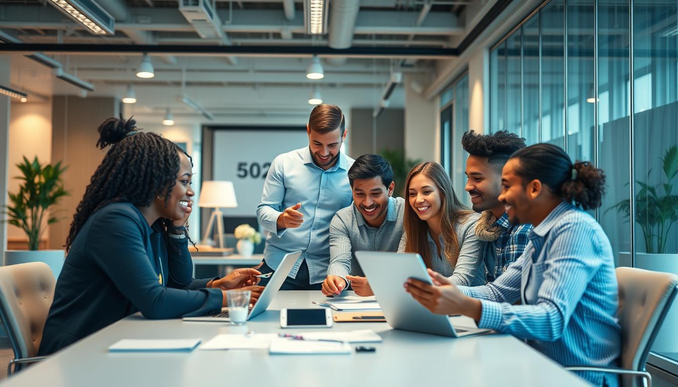 Image of a team working together on a social media marketing campaign