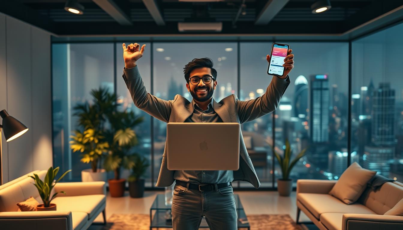 A high-quality, cinematic image of a successful "White Sand" entrepreneur celebrating their social media growth, captured with a shallow depth of field and dramatic lighting. In the foreground, the entrepreneur stands triumphantly, laptop in hand, surrounded by vibrant smartphone screens displaying social media metrics and engagement data. The middle ground features a modern, minimalist office space with sleek furniture and potted plants, while the background showcases the bustling city skyline of Ahmedabad. The mood is one of pride, confidence, and a sense of accomplishment in their digital marketing achievements.