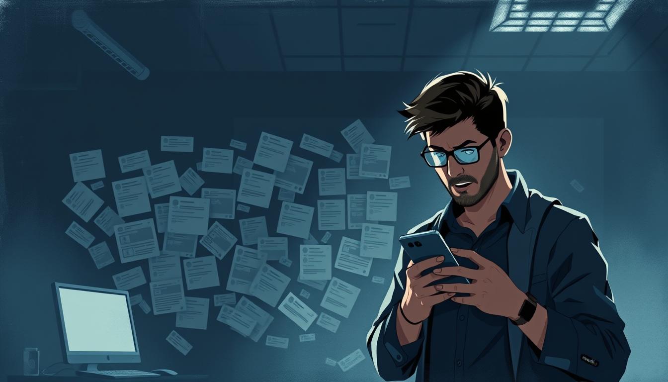 A digital illustration depicting common social media marketing mistakes made by startups, with a focus on the "White Sand" brand. In the foreground, a distracted entrepreneur obsessively checking their phone, missing crucial opportunities. In the middle ground, a jumble of ineffective, scatter-shot social media posts, lacking cohesion. In the background, a dimly lit office space, signifying the lost potential and missed connections. Moody, cinematic lighting casts dramatic shadows, underscoring the gravity of these mistakes. Rendered in a stylized, semi-realistic digital painting aesthetic, with a color palette of muted blues, grays, and browns.
