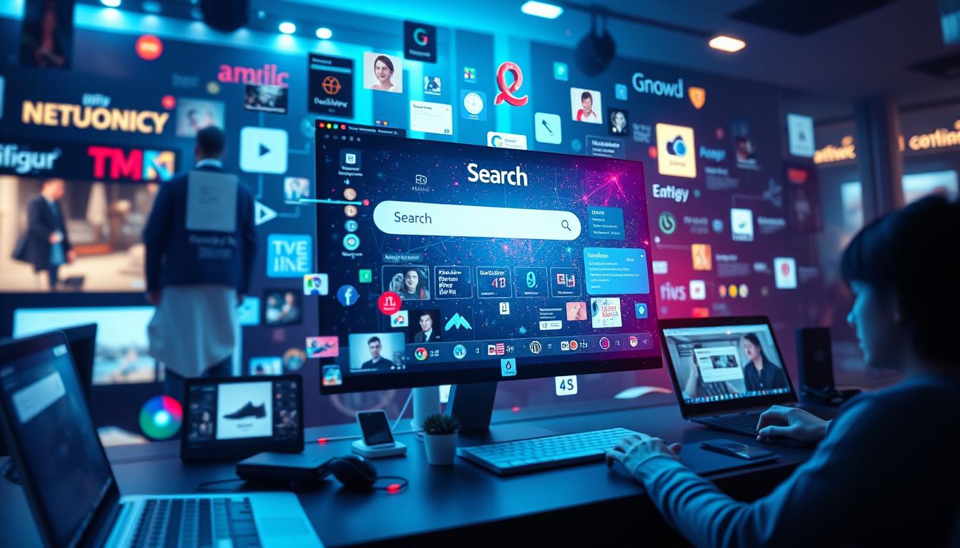Generate an image symbolizing digital marketing, including elements like search engines, online ads, and content.