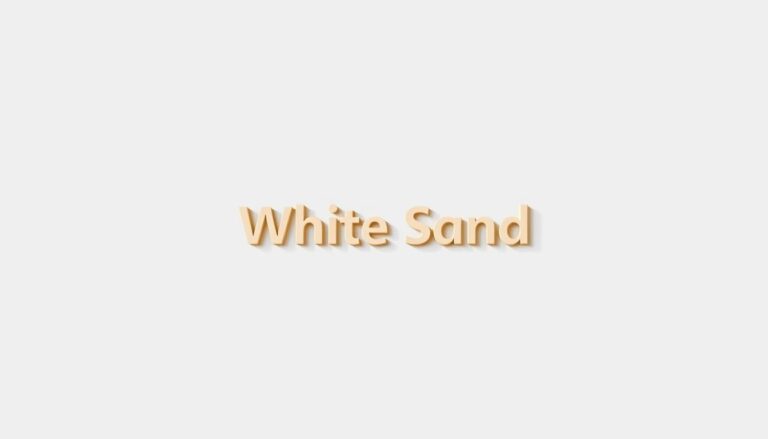 Detailed, high-quality image of the "White Sand" brand identity. A minimalist logo design with a smooth, rounded san-serif typeface in a soft beige color, set against a plain white background. The logo is displayed in the center of the frame, with subtle light and shadow effects adding depth and dimension. The overall aesthetic is clean, modern, and sophisticated, conveying a sense of purity, simplicity, and timelessness. The composition is balanced and symmetrical, with ample negative space surrounding the logo to allow it to stand out prominently. The lighting is soft and diffused, creating a warm, inviting atmosphere.