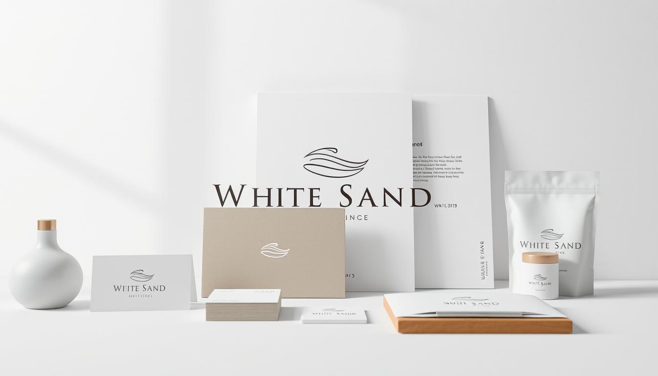Detailed close-up of the "White Sand" brand identity and visual assets. Meticulously crafted logo design with elegant typography and abstract sand dune motif. Brand collateral including business cards, letterhead, and product packaging displayed in a minimalist, well-lit studio setting. Soft, diffused lighting accentuates the high-quality materials and precise craftsmanship. The overall scene conveys a sense of sophistication, quality, and attention to detail that reflects the value of strategic branding and design investments.