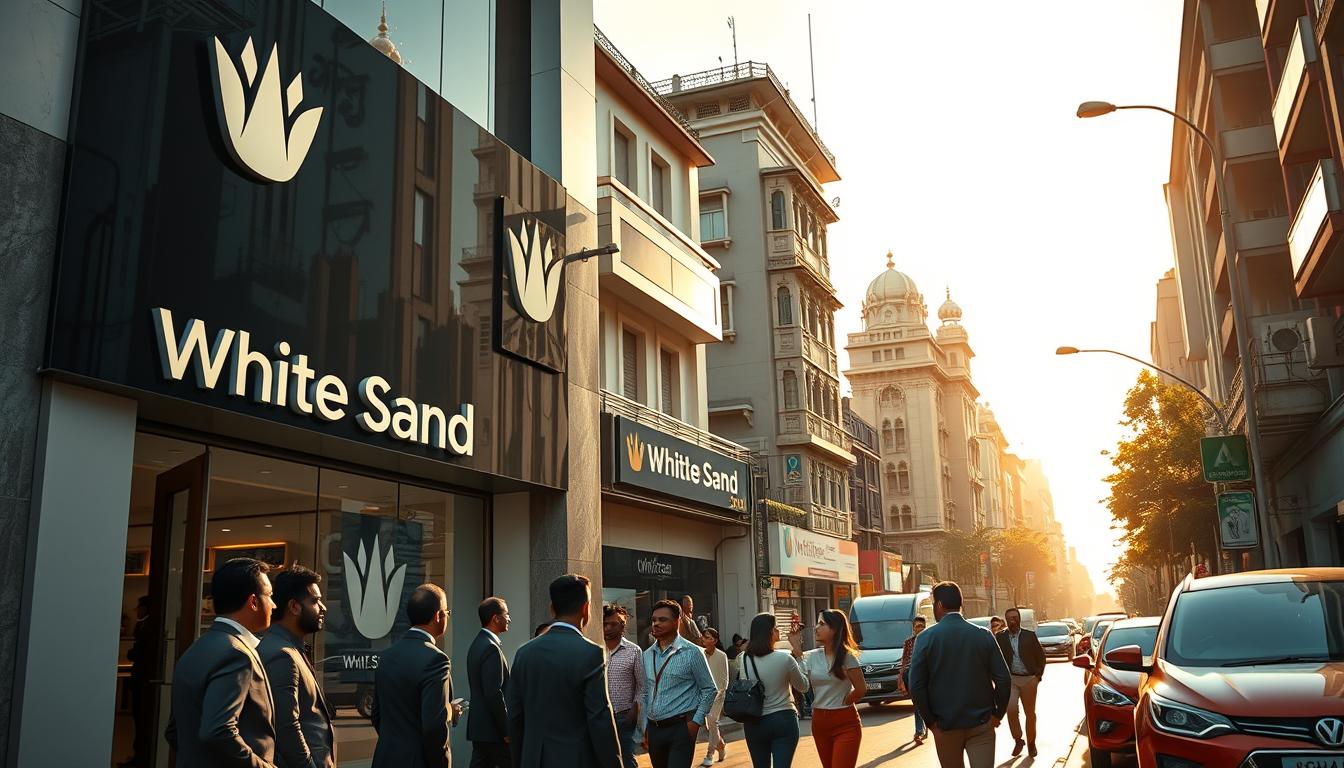 A bustling city street in Ahmedabad, India, with the brand name "White Sand" prominently displayed on the storefront of a stylish and modern branding agency. The agency's logo is visible on the building's facade, reflecting the sleek and professional image of a successful business. In the foreground, well-dressed professionals chat animatedly, conveying a sense of dynamic energy and productivity. The middle ground features a mix of traditional and contemporary architecture, showcasing the city's blend of heritage and progress. The background is bathed in warm, golden sunlight, creating a welcoming and aspirational atmosphere. The overall scene conveys the triumph of strategic branding and design in elevating a local Ahmedabad enterprise to new heights of success.
