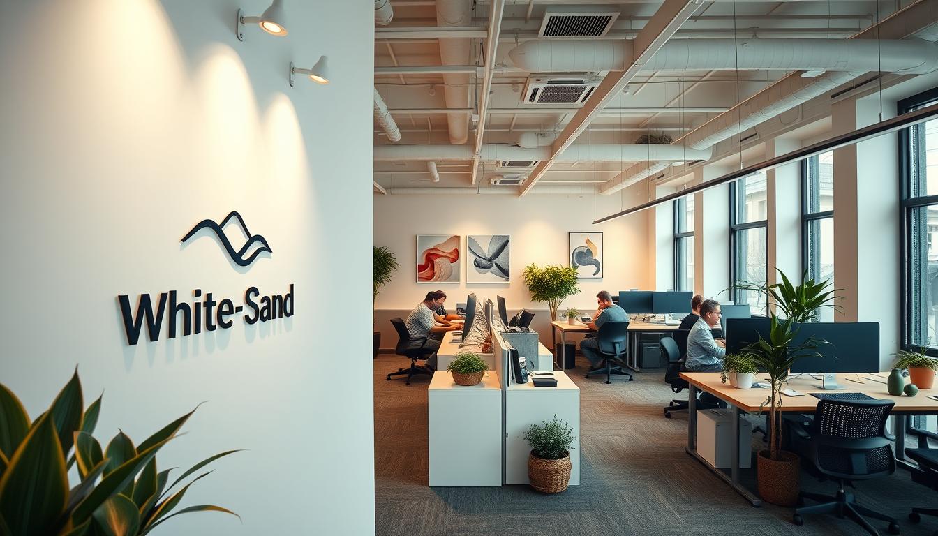 A well-designed branding agency office, with a minimalist and modern aesthetic. The foreground features a sleek and minimalist logo for the "White Sand" agency, prominently displayed on the wall. The middle ground showcases a team of creative professionals collaborating at their desks, the atmosphere brimming with focus and inspiration. The background is filled with tasteful decor, including potted plants, abstract artwork, and warm lighting that creates a serene and productive ambiance. The entire scene is captured with a wide-angle lens, conveying a sense of spaciousness and professionalism befitting a reputable branding agency.