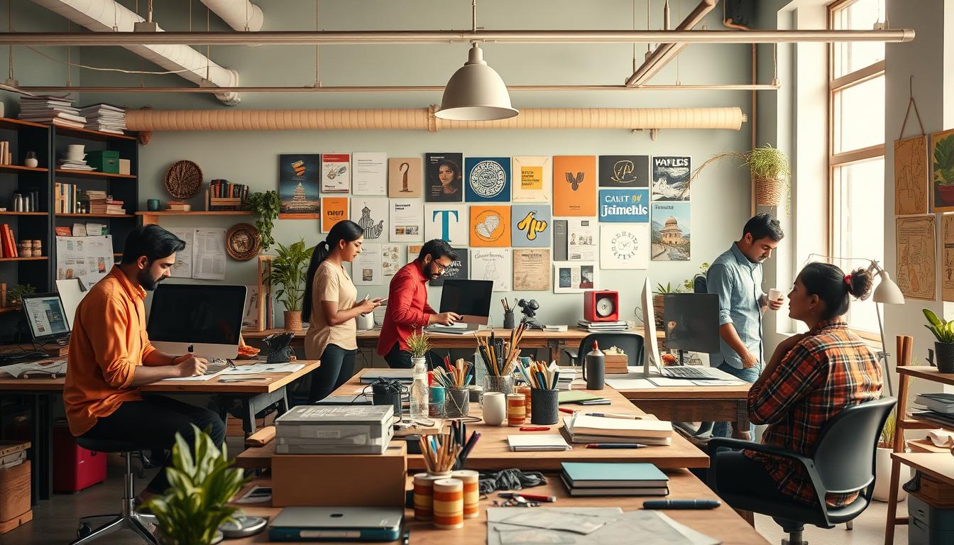 Generate an image of a design studio in Ahmedabad, showcasing a team of designers working on brand identity projects.