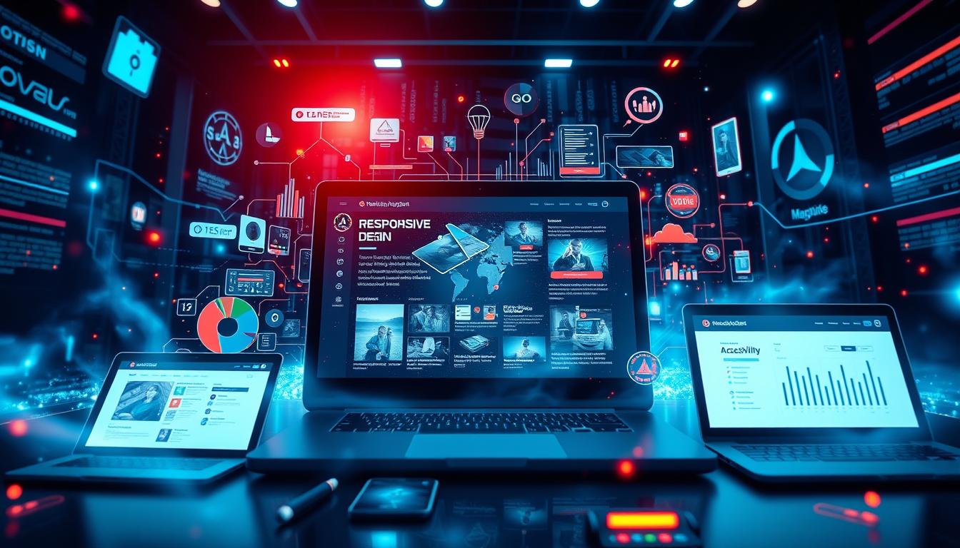 Generate an image representing website design and development, including elements like responsive design and user interface.