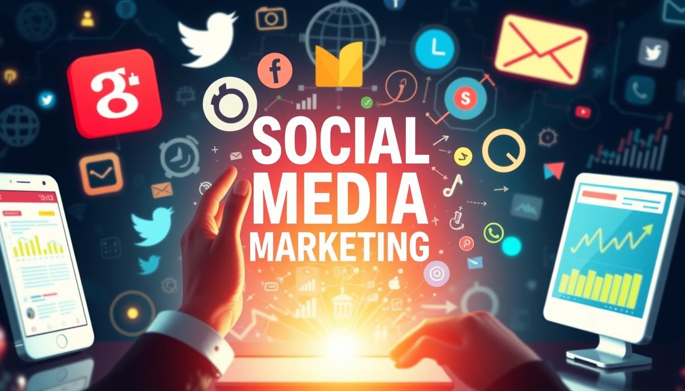 Generate an image representing social media marketing, including elements like social media platforms, content creation, and analytics.
