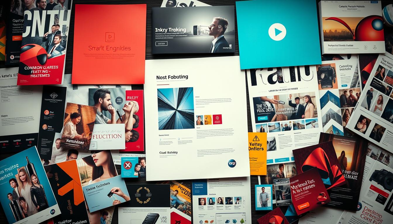 Create an image showcasing a mix of print and digital design materials like brochures, business cards, website graphics, and social media content.