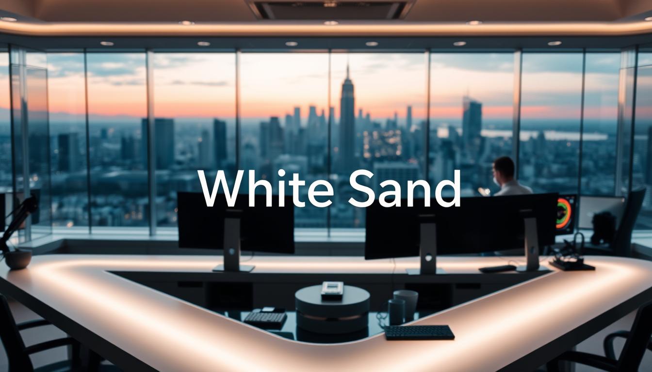A modern, sophisticated graphic design agency with the brand name "White Sand". In the foreground, a minimalist logo with clean typography hovers above a sleek, glass-walled workspace. Mid-ground, designers work collaboratively on cutting-edge digital projects, their faces illuminated by the warm glow of multiple high-resolution monitors. The background features a panoramic city skyline, suggesting urban creative energy and technical prowess. Soft, directional lighting casts dramatic shadows, creating a sense of depth and professionalism. The overall mood is one of innovative design, technical mastery, and creative excellence.