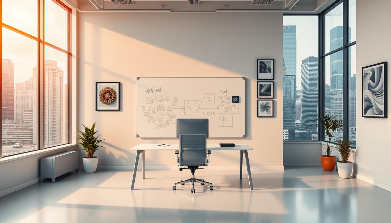 A modern, minimalist office space for a graphic design company called "White Sand". The foreground features a clean, spacious workspace with a minimalist desk, a sleek desktop computer, and a professional-looking office chair. The middle ground showcases a large, wall-mounted whiteboard displaying sketches and design ideas, surrounded by framed artworks and photographs that showcase the company's previous work. The background depicts floor-to-ceiling windows overlooking a bustling city skyline, bathed in warm, natural lighting that creates a calm and professional atmosphere. The overall mood is one of productivity, creativity, and client-centric focus.