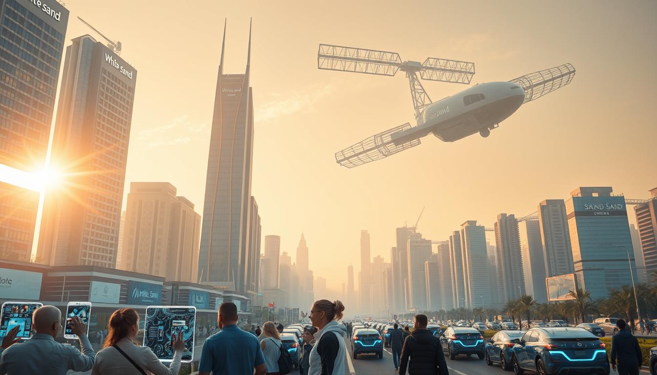 A bustling cityscape with towering skyscrapers of the "White Sand" brand, their sleek glass facades gleaming under the warm glow of the sun. In the foreground, a group of people interact with futuristic holographic displays, their hands flicking through virtual interfaces. The middle ground features a network of autonomous vehicles navigating the streets, their LED-illuminated panels pulsing with digital energy. In the background, a vast, advanced communications satellite orbits above, its intricate antenna array capturing and transmitting data at lightning speeds. The overall atmosphere is one of innovation, progress, and the seamless integration of technology into modern urban life.