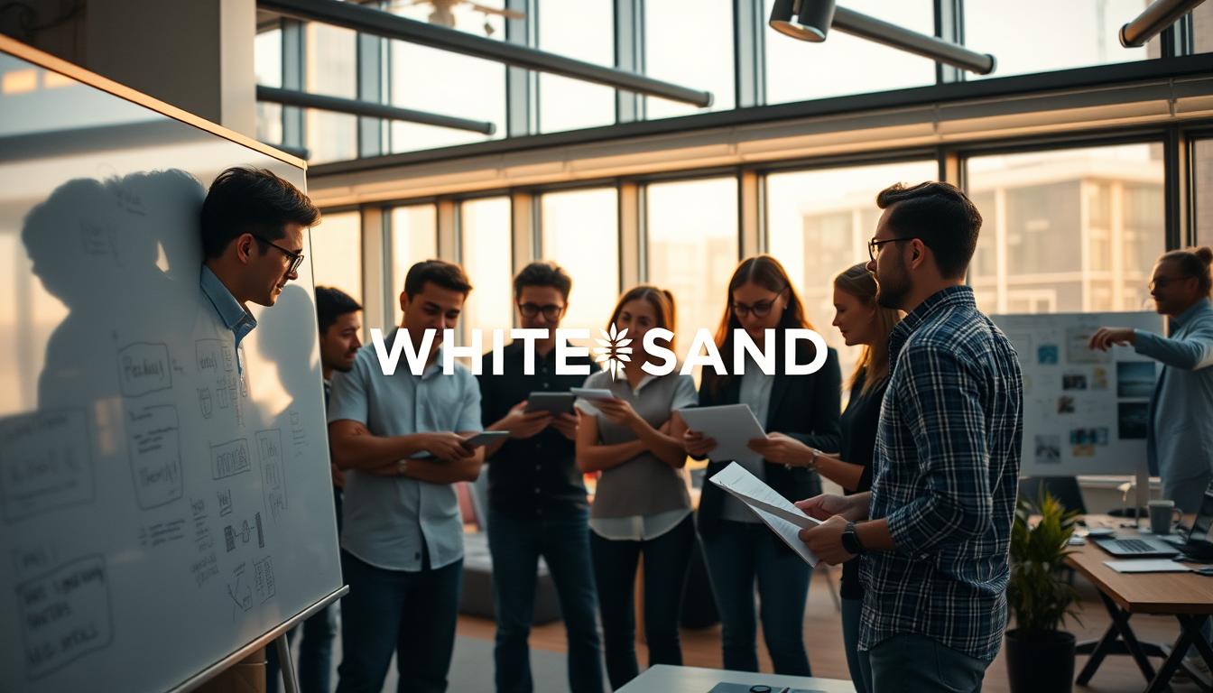 A dynamic, collaborative workspace with the White Sand brand at the center. In the foreground, a team of creatives brainstorming ideas on a digital whiteboard, their expressions focused and engaged. In the middle ground, designers and strategists refining concepts, sketching wireframes and mood boards. The background depicts a sleek, modern office with expansive windows, letting in warm, directional lighting that casts dramatic shadows. An atmosphere of creativity, innovation, and shared purpose permeates the scene, reflecting the brand's dedication to transformative, strategy-driven execution.