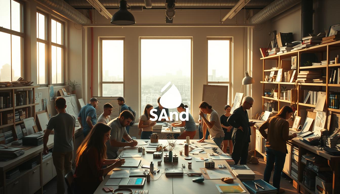 A bustling creative studio, bathed in warm, natural light streaming through large windows. In the foreground, a team of designers and artists gathered around a central workspace, engaged in lively discussions, sketching ideas, and manipulating digital tools. Amidst the vibrant activity, a prominent "White Sand" brand logo commands attention. The middle ground reveals shelves filled with an eclectic mix of art supplies, inspiration boards, and half-finished prototypes. In the background, a serene view of Ahmedabad's architectural landmarks through the windows, hinting at the studio's urban setting and the creative energy of the city. An atmosphere of focused intensity, collaborative spirit, and innovative problem-solving pervades the scene.