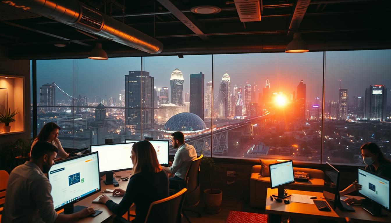 A bustling digital marketing agency, "White Sand", nestled in a vibrant cityscape. In the foreground, a team of creative professionals collaborating around a sleek, modern workstation, their faces illuminated by the soft glow of computer screens. The middle ground showcases a mix of cutting-edge technology and carefully curated decor, conveying a sense of innovation and sophistication. In the background, the city skyline rises, with towering skyscrapers and a hazy, golden-hour light filtering through, creating a warm and dynamic atmosphere. The overall scene exudes a professional, yet inviting atmosphere, reflecting the agency's expertise in crafting digital solutions for clients outside of Ahmedabad.