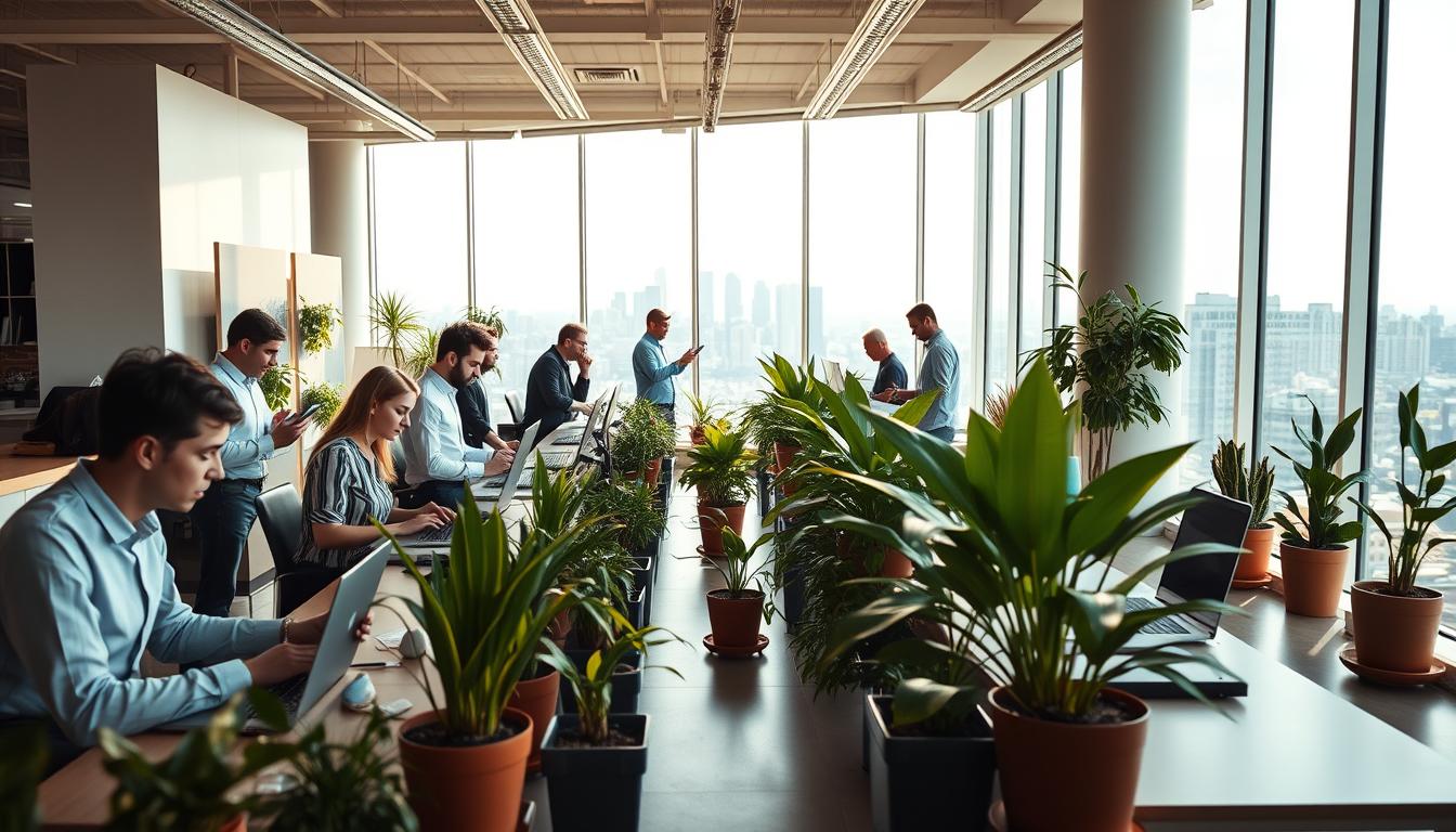 A bustling digital marketing agency, "White Sand", set in a sleek, modern office space bathed in warm, natural lighting. In the foreground, a team of skilled professionals collaborating on laptops and digital displays, their expressions focused and determined. The middle ground features an array of strategically placed potted plants, lending a touch of organic vibrancy to the scene. In the background, floor-to-ceiling windows offer a panoramic view of a vibrant city skyline, symbolizing the agency's reach and influence. The overall atmosphere conveys a sense of productivity, innovation, and a deep understanding of the digital landscape.