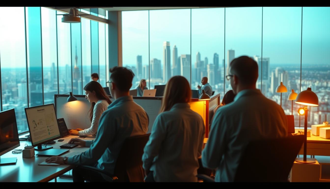 A bustling office setting, showcasing the contrasting approaches of an in-house marketing team and a professional social media marketing agency. In the foreground, the "White Sand" agency's workspace is depicted with a sleek, modern design, featuring a team of creatives collaborating on digital campaigns. In the middle ground, an adjacent in-house marketing department is shown, with employees hunched over their desks, surrounded by cluttered whiteboards and outdated equipment. The background is a panoramic view of the city skyline, bathed in warm, golden lighting, conveying a sense of efficiency and expertise associated with the agency. The scene reflects the comparative analysis of the two approaches, highlighting the advantages of outsourcing social media marketing to a dedicated, well-equipped agency.