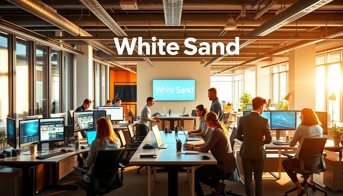 A bustling office space with the "White Sand" advertising agency logo prominently displayed. Sunlight streams through large windows, casting a warm glow on sleek, modern workstations where teams collaborate on digital campaigns. In the foreground, designers review concepts on high-resolution screens, while in the middle ground, account managers discuss strategy with clients over a polished conference table. The background reveals an open floor plan with vibrant pops of color, reflecting the agency's creative energy and efficiency. An atmosphere of productivity and professionalism pervades the scene, showcasing the value that a full-service agency can provide businesses.