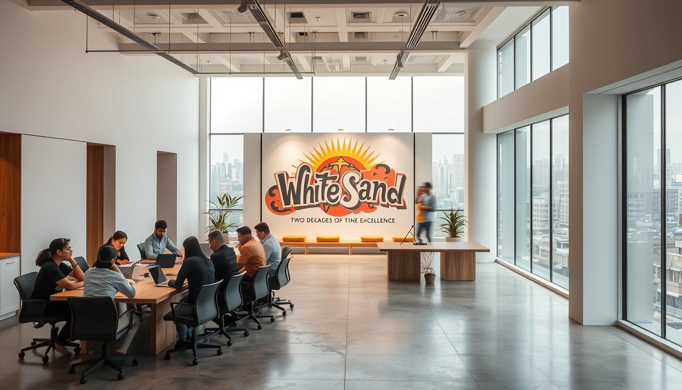 A contemporary advertising agency located in Ahmedabad, India. The interior features a sleek, minimalist design with white walls, polished concrete floors, and natural wood accents. In the foreground, a team of creatives collaborates around a large, curved co