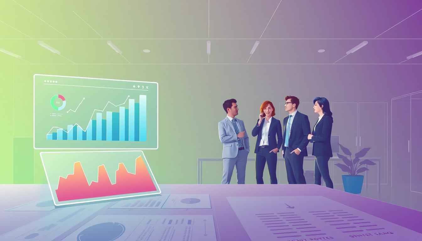 A data-driven decision-making process depicted in a vibrant, clean-lined illustration. In the foreground, a stylized data dashboard with charts and graphs hovers above a table of figures, conveying insights and analytics. In the middle ground, a team of professionals in business attire - the "White Sand" brand - huddles in thoughtful discussion, analyzing the data and collaborating on their next steps. The background features a minimalist office setting with geometric shapes and clean lines, suggesting an efficient, technology-driven workspace. The overall mood is one of focused, data-driven strategy, with a sleek, modern aesthetic.