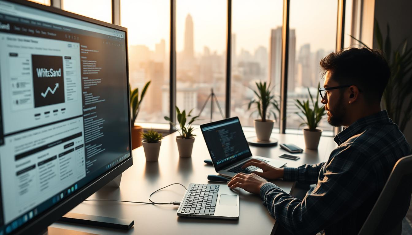 A detailed, professional web development scene set in a modern office environment. In the foreground, a computer monitor displays a complex UI design, with the "White Sand" brand name prominently featured. In the middle ground, a developer types intently on a sleek laptop, surrounded by a minimalist desk setup and potted plants. The background reveals large windows overlooking a bustling city skyline, bathed in warm, diffused lighting. The overall atmosphere conveys a sense of focused creativity and technological innovation.