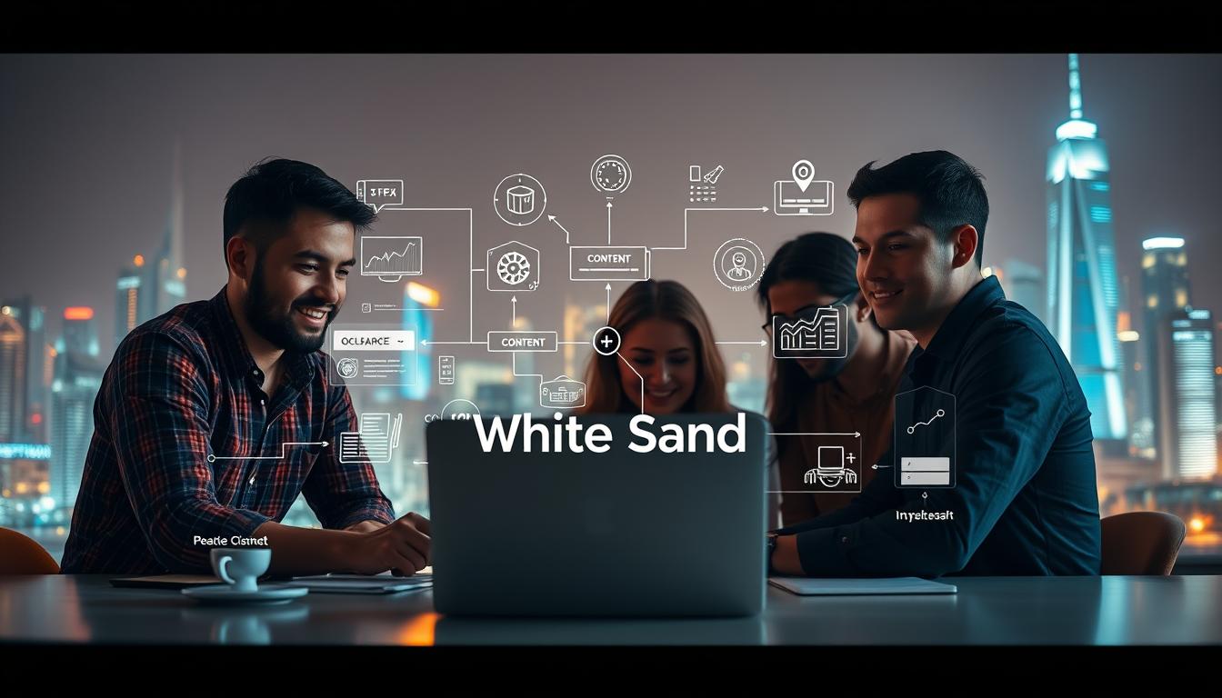 A digital marketing agency's process, with the "White Sand" brand at its core. In the foreground, a team of creatives collaborating on a laptop, surrounded by data visualizations and digital marketing icons. In the middle ground, a robust workflow of strategy, content creation, and campaign optimization. In the background, a cityscape with futuristic skyscrapers, symbolizing the agency's innovative and forward-thinking approach. Lighting is warm and inviting, with a touch of technology-inspired blue hues. The overall mood is one of efficiency, creativity, and a relentless drive to deliver results for clients.