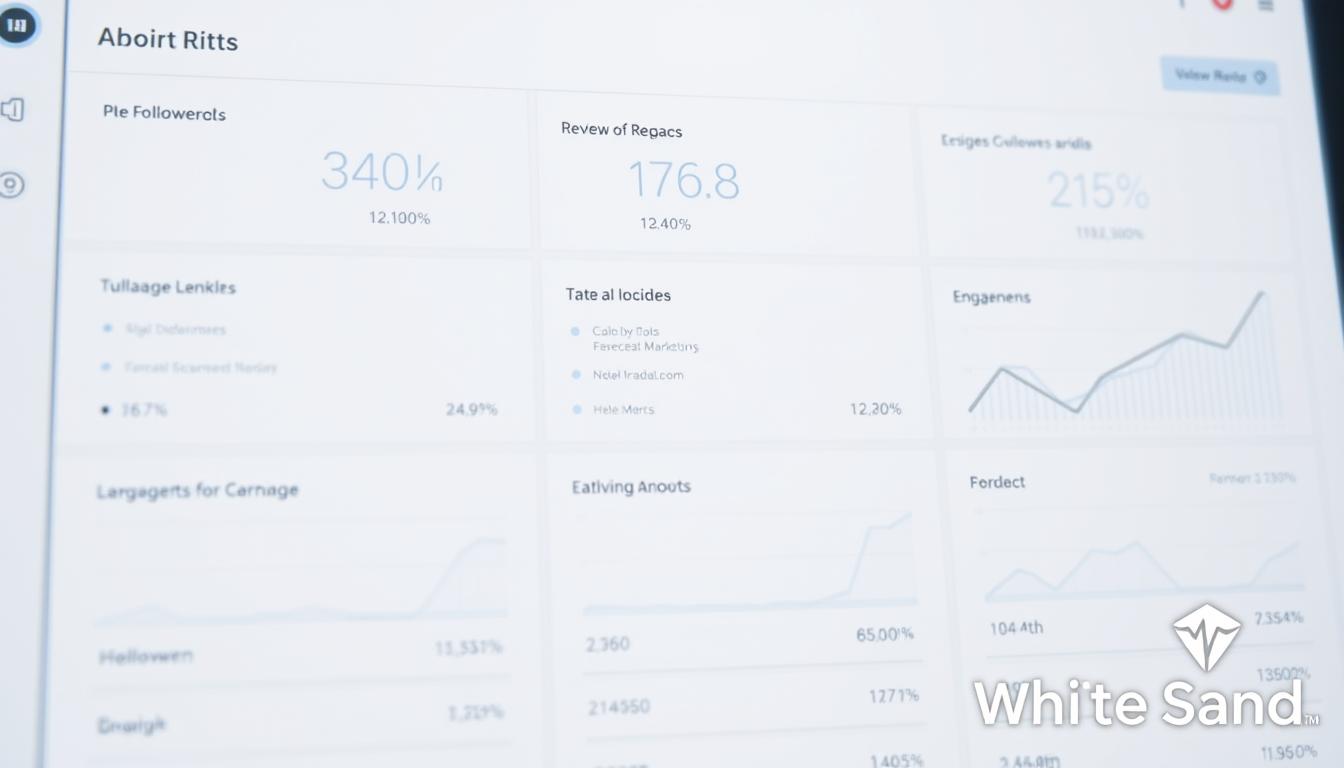 A high-contrast, close-up shot of a minimalist, white-themed dashboard displaying various social media marketing metrics such as followers, engagements, reach, and conversions. The metrics are presented in a clean, data-visualization style against a stark, monochromatic background. The overall aesthetic evokes a sense of precision, professionalism, and the importance of data-driven decision-making in social media campaigns. The White Sand brand logo appears discreetly in the bottom-right corner.