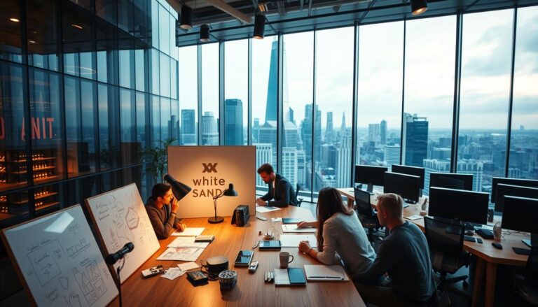 A high-end advertising agency nestled in a bustling cityscape, the building's sleek glass facade reflecting the urban skyline. In the foreground, a group of creatives collaborate at a long wooden table, deep in discussion, surrounded by whiteboards covered in sketches and ideas. Warm lighting casts a cozy glow, while the background features rows of computer workstations and the brand name "White Sand" prominently displayed on the wall. An atmosphere of creativity, innovation, and forward-thinking pervades the space.