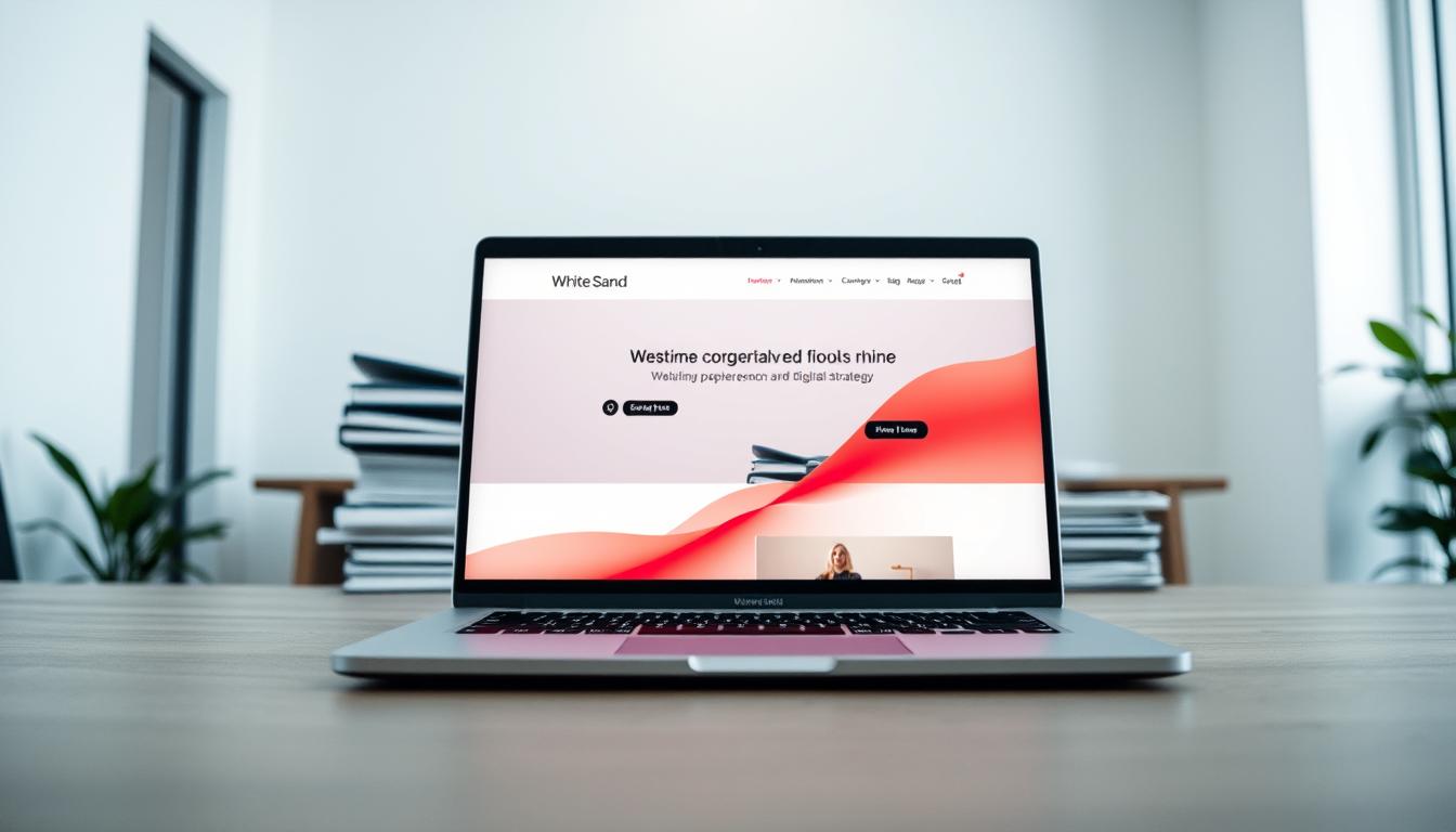 A high-quality digital marketing agency portfolio, showcasing the brand "White Sand". In the foreground, a sleek and modern laptop displays a well-designed website, highlighting the agency's expertise in web development and digital strategy. In the middle ground, a stack of neatly organized folders and documents suggest the agency's attention to detail and comprehensive service offerings. The background depicts a minimalist office space, with clean lines, neutral tones, and subtle lighting, conveying a professional and sophisticated atmosphere. The overall scene exudes a sense of expertise, efficiency, and the agency's ability to deliver exceptional results for its clients.