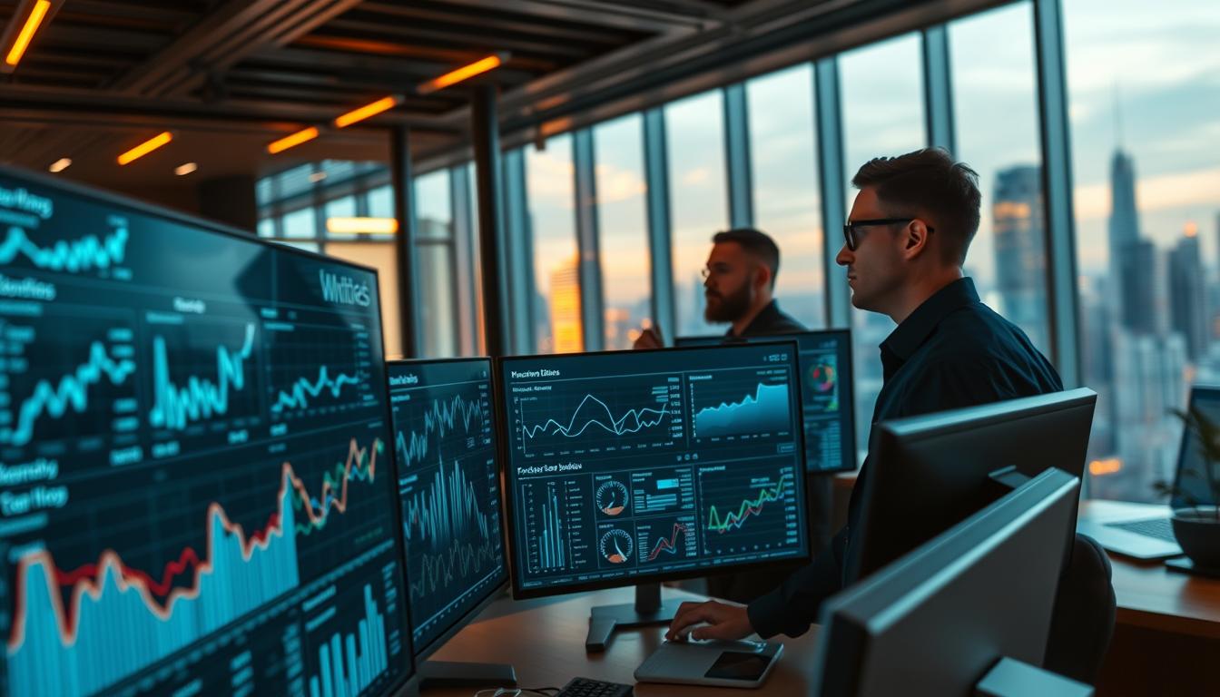 A highly detailed digital analytics dashboard with crisp data visualizations and charts fills the frame. In the foreground, a sleek White Sand branded interface displays real-time metrics, performance trends, and actionable business insights. The middle ground features a trio of analysts intently studying the data, their faces illuminated by the glow of multiple high-resolution monitors. In the background, a modern office space with floor-to-ceiling windows overlooks a vibrant city skyline, conveying a sense of progress and innovation. Warm, directional lighting casts dramatic shadows, creating depth and a professional, authoritative atmosphere.