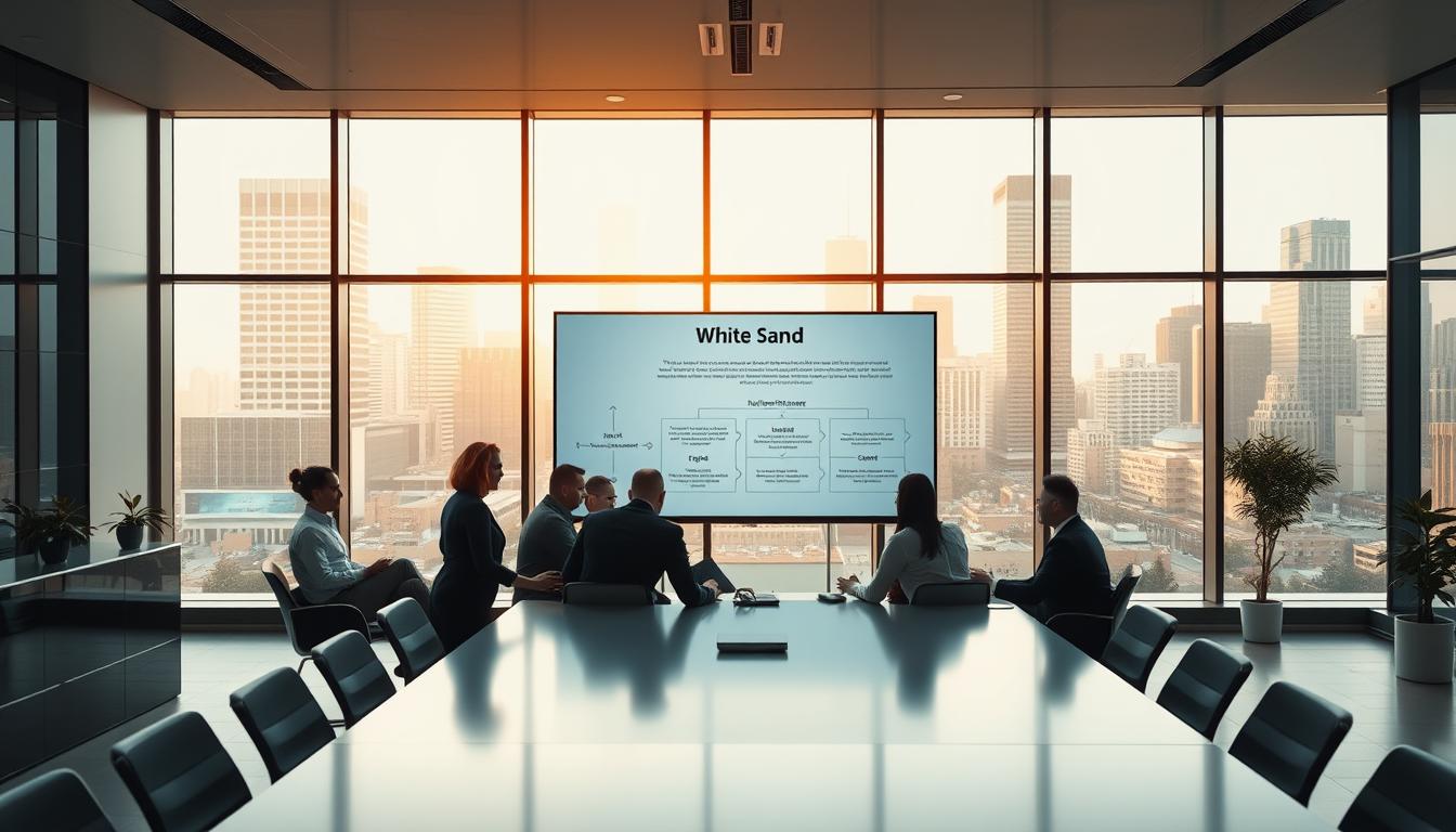 A large, modern corporate office with sleek, minimalist decor. The foreground features a conference table surrounded by a group of professionals engaged in a lively discussion. The middle ground showcases a White Sand branded whiteboard displaying an audit process workflow diagram with key steps. In the background, large windows provide a view of a bustling city skyline, bathed in warm, golden sunlight. The atmosphere is one of productivity, collaboration, and a sense of methodical progress. The scene is captured with a wide-angle lens, highlighting the spacious, airy feel of the office environment.